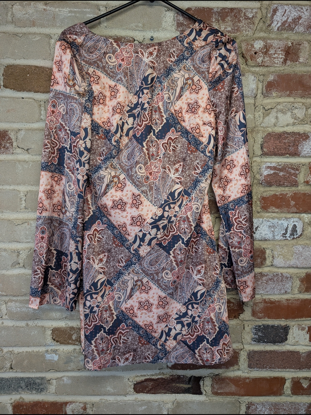 Patchwork Paisley Long Sleeve Dress - Peach Navy